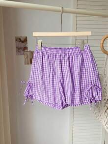 Comfortcana Quần short dáng rộng màu tím kẻ caro trang trí nơ, thích hợp mặc mùa xuân/hè. - Màu tím - Xem 6