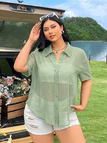 SHEIN EZwear 女士大码透明纯色前开襟长袖衬衫 - 綠色 - 查看 4