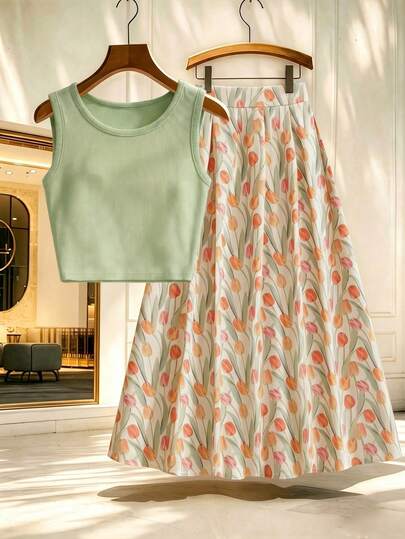 GlowEve Conjunto de top corto sin mangas acanalado verde claro y falda midi de línea A con estampado de tulipanes de cintura alta, conjunto de vestimenta elegante y casual para vacaciones en la playa