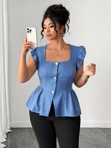 Elenzga Summer Fashionable Casual French Retro Elegant Vacation & Commute Square Collar Cap Sleeve Blouse - Blue - View 3