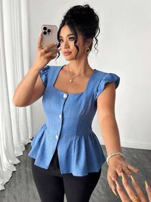 Elenzga Summer Fashionable Casual French Retro Elegant Vacation & Commute Square Collar Cap Sleeve Blouse - Blue - View 7