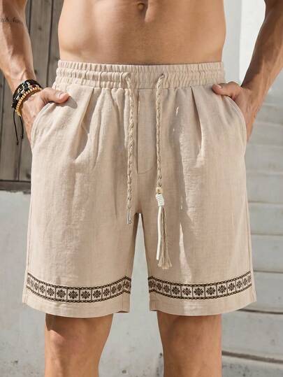 VIVINTIMO Men's Drawstring Waist Woven Belt Design Shorts, Suitable For Vacation