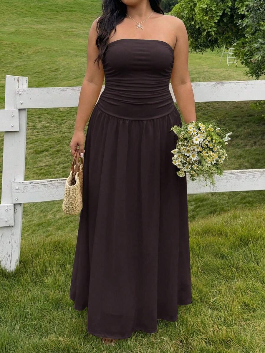 GalTyme Plus Size Solid Color Pleated Casual Everyday Dress - Chocolate Brown - View 1