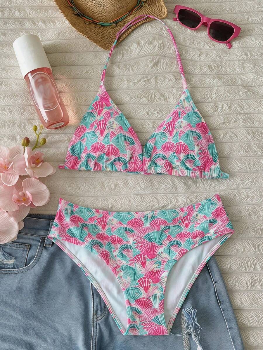 Girlism Tween Girl/Tween Girls Shell Print Halter Bikini Sets, Vacation Casual, Beach Holiday, Shell Print, Vacation Beach Style, Summer Beach Outfit, Backless Bikini Set - Multicolor - View 1