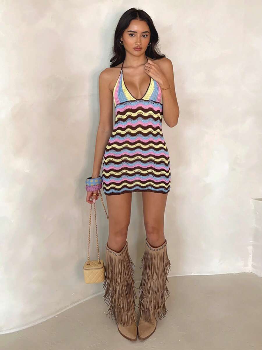 Glamine Brown Sequin Striped Crochet Halter Mini Dress,Boho Wavy Striped Openwork Knit,V-Neck Backless Bodycon,Summer Holiday Vacation Outfits For Women - Multicolor - View 1