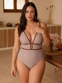 Swim Chiccia 大码女式竖条纹印花度假沙滩连体泳衣 - 彩色 - 查看 3