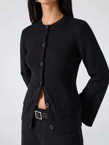 LYSMO 2026 Nouveau cardigan femme minimaliste d'hiver, décontracté, quotidien, tenue de travail, simple, noir unicolore, patchwork, poche, bouton. Chemise femme distinctive et à la mode pour l'automne/hiver, Noël, Nouvel An, Thanksgiving, remise des diplômes. Série de pulls de Noël à la mode - Noir - Voir 7
