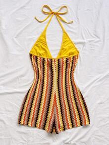 Soleia (No Chest Padding)Plus Size Yellow Summer Boho Vacation Holiday Multicolor Knit Striped Halter Backless Mini Jumpsuit, - Multicolor - View 2