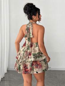 Elenzga Plus Size Women's Elegant Beige Summer Boho Vacation Holiday Chiffon Jacquard Double-Layer Sleeveless Bubble Hem Dress With Tie For Party Wedding - Apricot - View 1