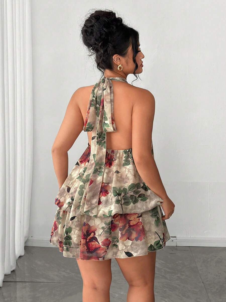 Elenzga Plus Size Women's Elegant Beige Summer Boho Vacation Holiday Chiffon Jacquard Double-Layer Sleeveless Bubble Hem Dress With Tie For Party Wedding - Apricot - View 1