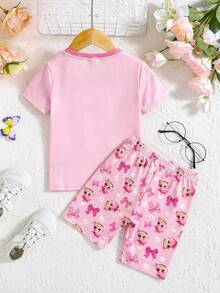 SHEIN 两件套少女可爱图案针织圆领紧身T恤和短裤睡衣套装 - 彩色 - 查看 2