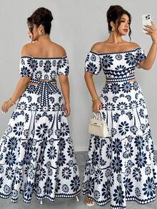 Elenzga Plus Size Two-Tone Print Off-Shoulder Waist Hollow Back Bow Decor Flared Maxi Dress, Elegant Boho For Outing, Date Beach Vacation, Party, White Summer - Blue and White - View 1