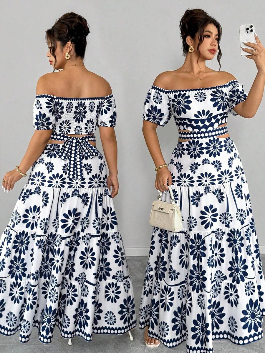 Elenzga Plus Size Two-Tone Print Off-Shoulder Waist Hollow Back Bow Decor Flared Maxi Dress, Elegant Boho For Outing, Date Beach Vacation, Party, White Summer - Blue and White - View 1