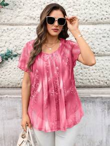 EMERY ROSE Plus Size Women Summer Pink Floral Print Elegant Tea Party Brunch Tunic Blouse,Round Neck Ruffle Trim Short Sleeve Casual Loose Fit Vacation Shirt - Hot Pink - View 7