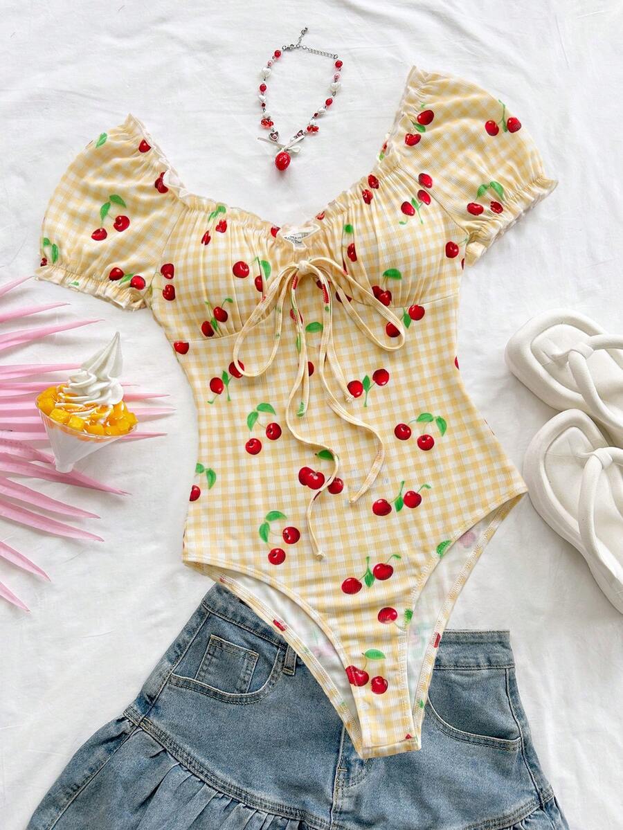 Soleia Women's Plaid Cherry Print Ruched Casual Bodysuit, Versatile For Daily Wear - Yellow - View 1