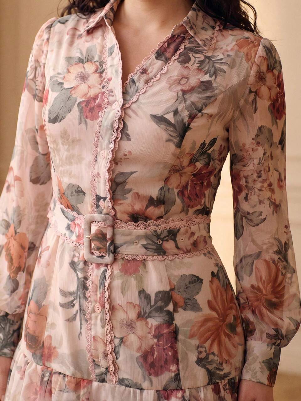 ZEYLAH V-Neck Floral Print Patchwork Lace Trim Long Sleeve Dress, Spring/Summer Fall