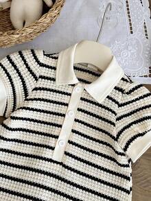 SHEIN 1件女嬰白色與黑色針織 Polo 領短袖洋裝，可愛夏季返校休閒洋裝，荷葉邊裙襬，適合舞會畢業典禮 - 黑與白 - 查看 9