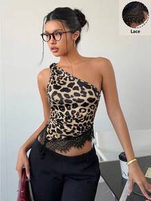 Siren Gaze 蕾丝拼接扭结单肩上衣，优雅修身女式上衣，黑色，嘉年华露脐上衣，休闲夏季，露肩，露背，派对，音乐节 - 棕色 - 查看 4