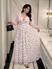 Vibekara Plus Size Women V-Neck Halter Tie Chiffon Floral Print Flowy Elegant Vintage Casual Maxi Dress Fall - Multicolor - View 6