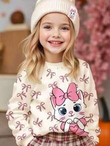 SHEIN 女童少女粉色冬季返校秋季運動衫，奶油白可愛甜美蝴蝶結卡通印花寬鬆圓領長袖校服 - 彩色 - 查看 4