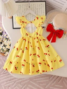 SHEIN Elladie kids 女童甜美櫻桃印花荷葉袖 A 字版型 U 背對比蝴蝶結洋裝，適合度假與戶外，夏季穿著 - 彩色 - 查看 8