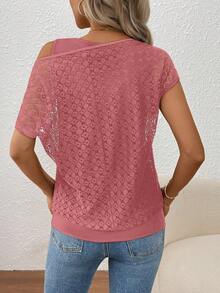 Balvessa Women's Lace Patchwork Asymmetric Shoulder Top - Coral Pink - View 2