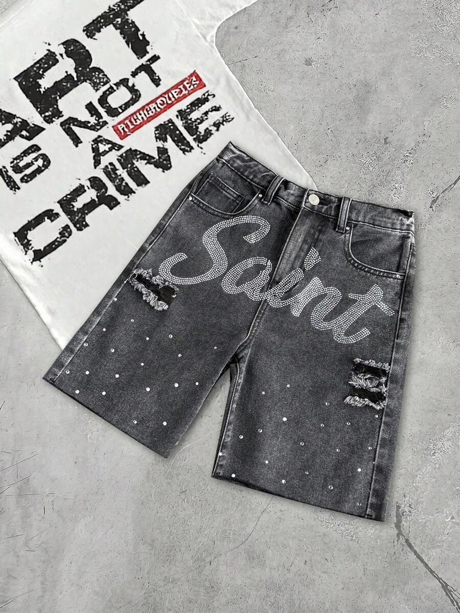 SHEIN 青少年男孩时尚休闲 Y2K 复古酷炫街头闪亮字母铆钉黑色牛仔宽松短裤,适合日常穿着、春夏锐舞派对、音乐节和返校季等场合。 - 黑色 - 查看 1