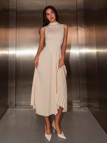 Bris Aura Women Elegant Pleated Tight-Fitting A-Line Dress,Summer Dresses For Women,Tea Party Dress - Apricot - View 2