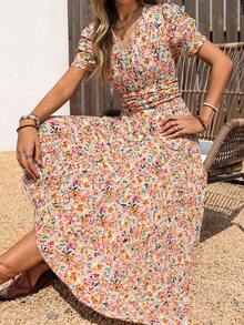 LUNE Vestido de verano de mujer con mangas de pétalos fruncidos, cintura ceñida y estampado floral vintage - Multicolor 2 - Ver 4