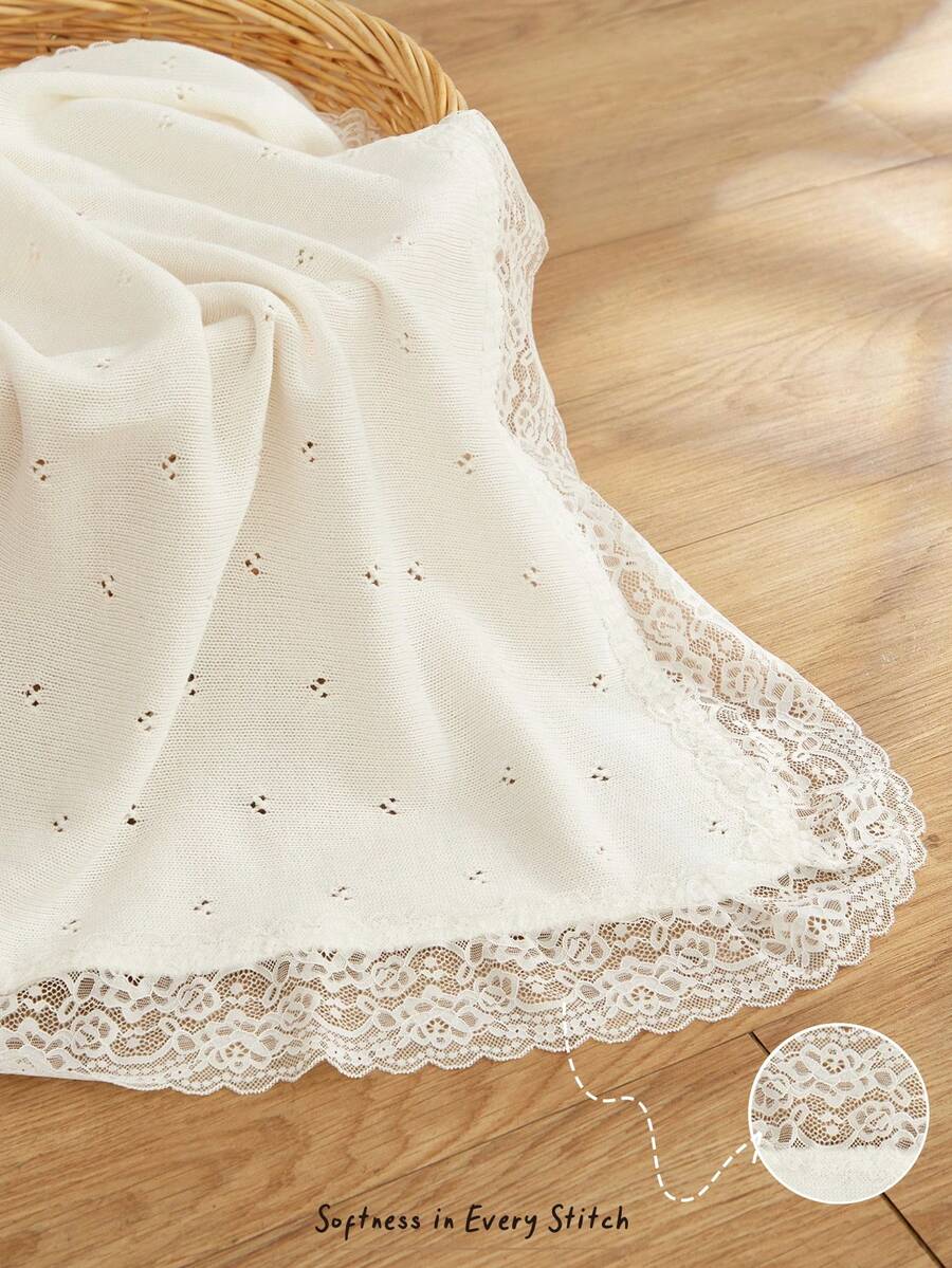 Cozy Pixies 单件装甜美蕾丝拼接婴儿针织毯，简约时尚儿童毯，四季通用婴儿毯 - 白色 - 查看 1