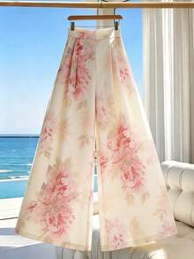 SHEIN Franclia Quần ống rộng cạp cao in họa tiết hoa dành cho nữ, thích hợp cho kỳ nghỉ biển mùa xuân/hè, đi làm hàng ngày, dã ngoại, hẹn hò ngày Valentine, Tết Dương lịch và Giáng sinh. Kiểu quần ống rộng in họa tiết hoa thanh lịch và thời trang. - Màu Hồng baby - Xem 1