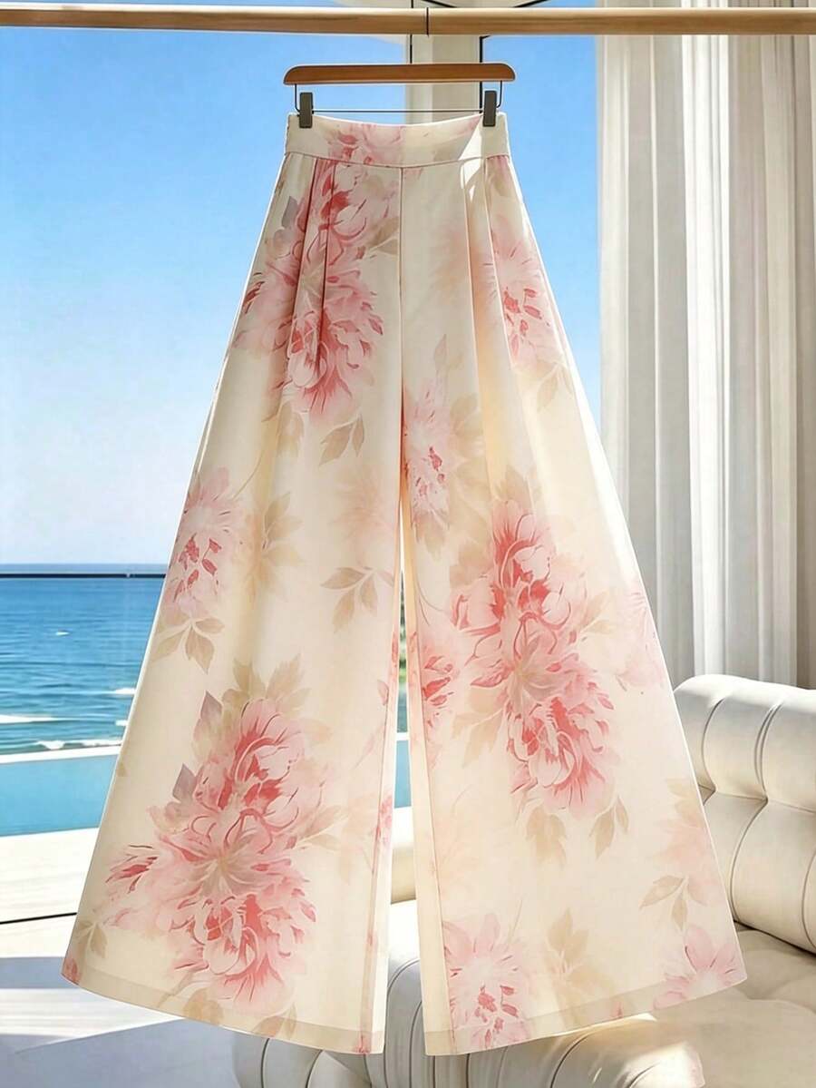 SHEIN Franclia Quần ống rộng cạp cao in họa tiết hoa dành cho nữ, thích hợp cho kỳ nghỉ biển mùa xuân/hè, đi làm hàng ngày, dã ngoại, hẹn hò ngày Valentine, Tết Dương lịch và Giáng sinh. Kiểu quần ống rộng in họa tiết hoa thanh lịch và thời trang. - Màu Hồng baby - Xem 1