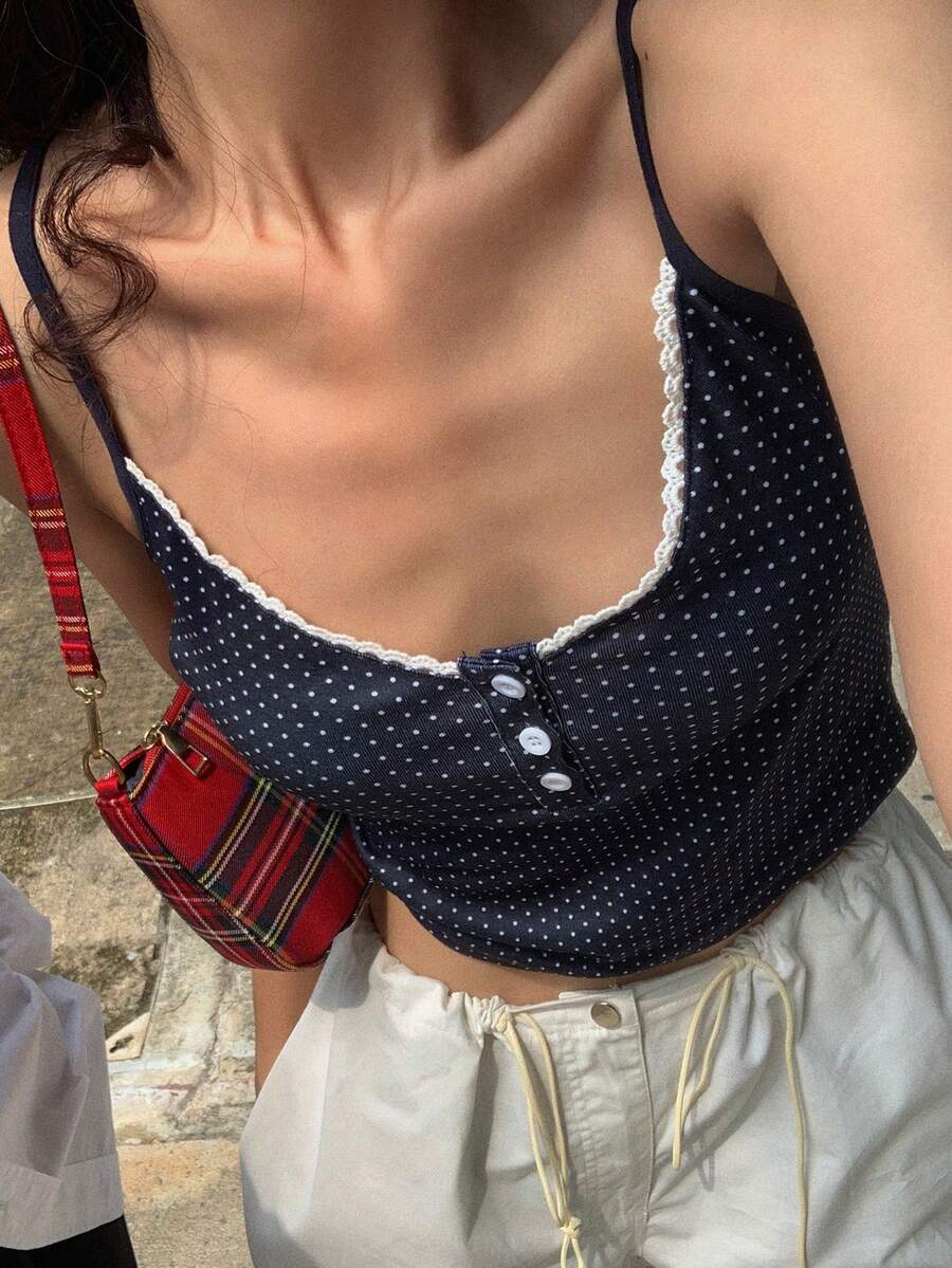 DAZY Lace Patchwork Polka Dot Full Print V-Neck Ladies Camisole Going Out Tops Y2k - Navy Blue - View 1