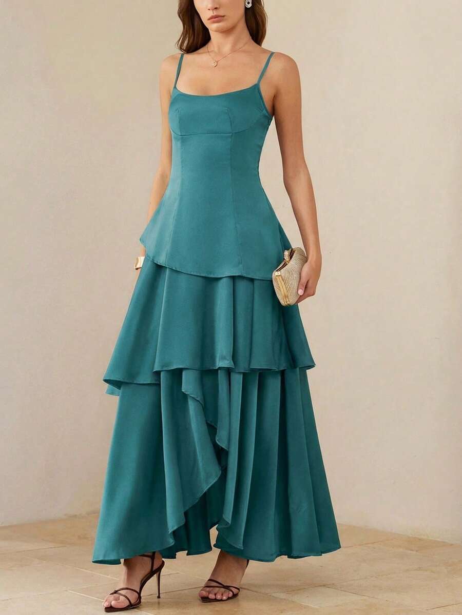 BELROSIE Sexy French Elegant Layered Hem Spaghetti Strap Dress, Plunging Neckline Backless Sleeveless - Blue - View 1