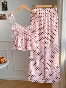 Conjunto de 2 piezas de camiseta de tirantes y pantalones con estampado de lunares, estilo casual de primavera para mujer. Conjunto de 2 piezas de lunares lindo para verano. Conj - Rosa - Ver 2