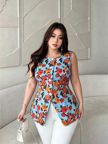 Elenzga Áo kiểu dáng thanh lịch, cỡ lớn, cổ tròn, in hoa, ôm sát, không tay, mở phía trước, áo mùa hè, áo kiểu hoa mùa hè cho nữ, áo đi nghỉ mát sành điệu, trang phục mùa hè cho nữ, áo kiểu thanh lịch cho nữ, áo kiểu thường ngày cho nữ, áo hoa. - Nhiều màu - Xem 3