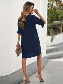 EMERY ROSE Solid Color Notched Neck Casual Daily Mid-Sleeve Dress, Spring/Summer - Navy Blue - View 2