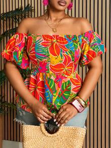 Villa Velisse Plus Size Women Tropical Plant Off Shoulder Short Petal Sleeve Blouse - Multicolor - View 3