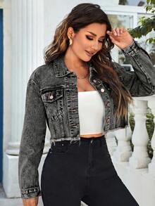 EMERY ROSE Áo khoác denim nữ tay dài cài một hàng khuy, đính ngọc trai, kiểu dáng thường ngày - Xám - Xem 5