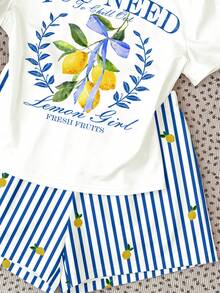 2pcs/Set Teen Girl Sweet Retro Cream Lemon Bow Print Casual Loose Round Neck Short Sleeve T-Shirt And Striped Shorts, Suitable For Spring/Summer - Multicolor - View 3
