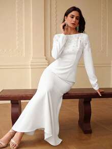 ZEYLAH Off-Shoulder Long Sleeve Beaded Fishtail Dress, Spring/Summer - White - View 6