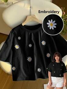 SHEIN EZwear 大码夏季休闲雏菊刺绣圆领短袖T恤 - 黑色 - 查看 3