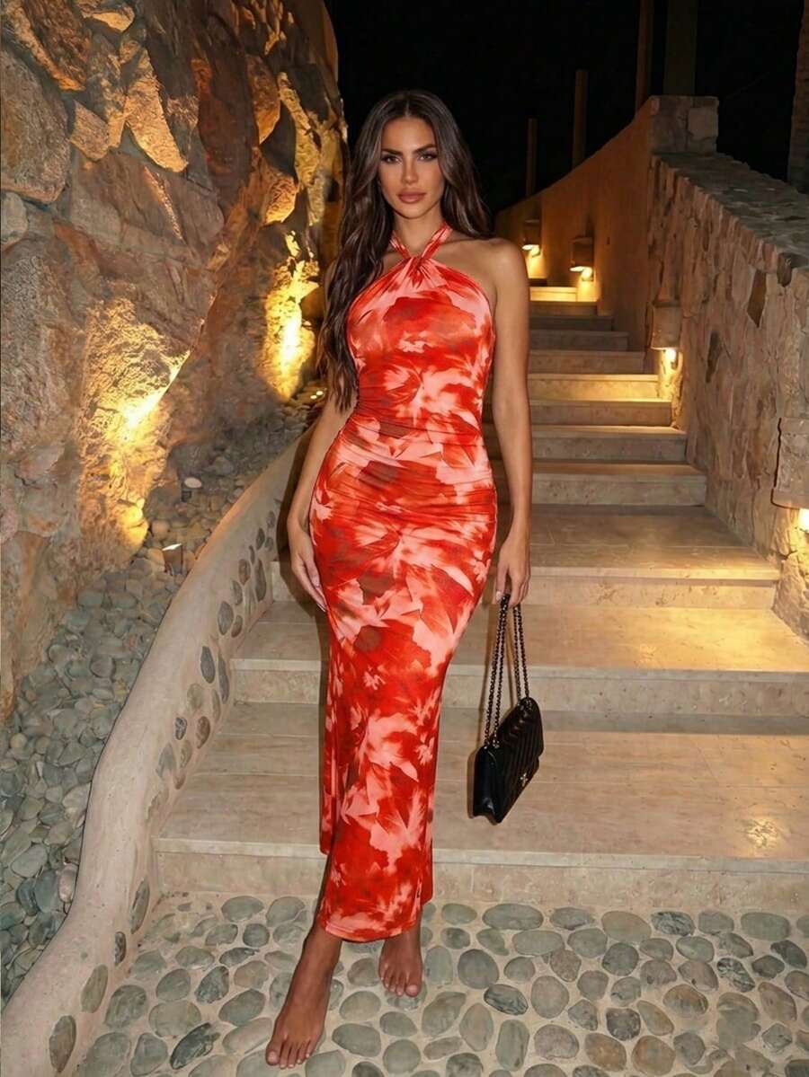 Allurite Đầm maxi dáng đuôi cá, cổ chữ V, hở lưng, in họa tiết tie-dye, thiết kế thắt nút xoắn, thích hợp cho đi làm hàng ngày, đi biển, dự tiệc riêng, hẹn hò buổi tối, lễ hội âm nhạc mùa hè - Họa tiết hoa ngẫu nhiên - Nhiều màu - Xem 1