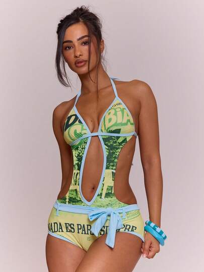 Musera Resort Traje de baño de una pieza con estampado y recorte en la parte delantera "Puerto Rico" para vacaciones de primavera y verano, Ibiza, bohemio, elegante, casual, carnaval y festival