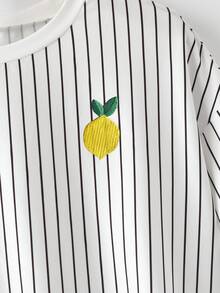 Sweetra Summer Striped Casual Loose Short Sleeve Shorts Set, Lemon Print Loungewear Suitable For Daily Casual Wear - White - View 8