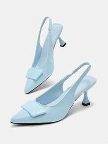 Bholvia Giày cao gót mũi kín màu đen bóng kiểu Pháp Niche, sandal thanh lịch dành cho nữ, gót nhọn, thích hợp cho mùa xuân hè, kiểu dáng sang trọng, gót thấp, dự tiệc. - Màu xanh nhạt - Xem 5