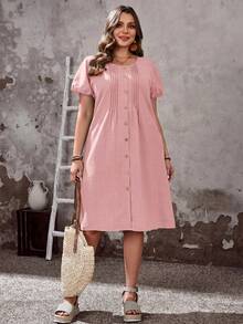 EMERY One Size Solid Color Button Front Casual Summer Dress - Bright Red - View 4