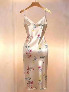 GlowEve Đầm maxi nữ màu sâm panh satin in hoa, dây đeo ngọc trai, xẻ tà bên hông, kiểu Pháp thanh lịch. - Nhiều màu - Xem 2