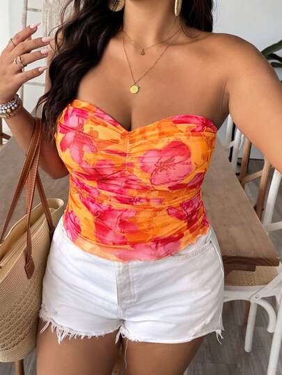 SHEIN VCAY Plus Size Orange Knitted Mesh Printed Tight Fitting Tube Top For Women, Boho Sexy Chic Summer Vacation Holiday, Elegant Bohemia Beach, Old Money