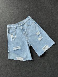 Pantalones cortos vaqueros sueltos con agujeros de estilo casual y vintage Y2K para adolescentes, ropa de calle y atuendos de primavera a verano para festivales y ropa de calle para adolescentes - Azul - Ver 6